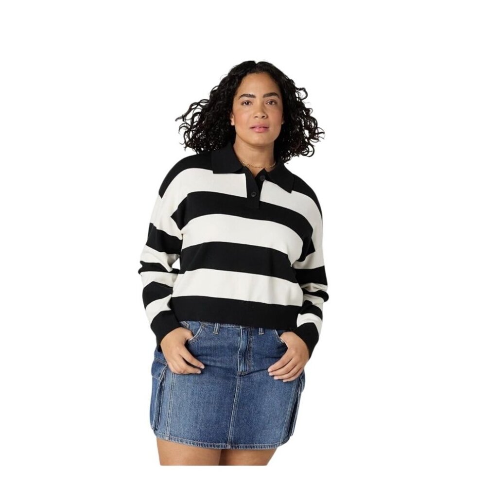 The Drop Womens Striped Long-Sleeve Collared Sweater Black/White XXL NWT
